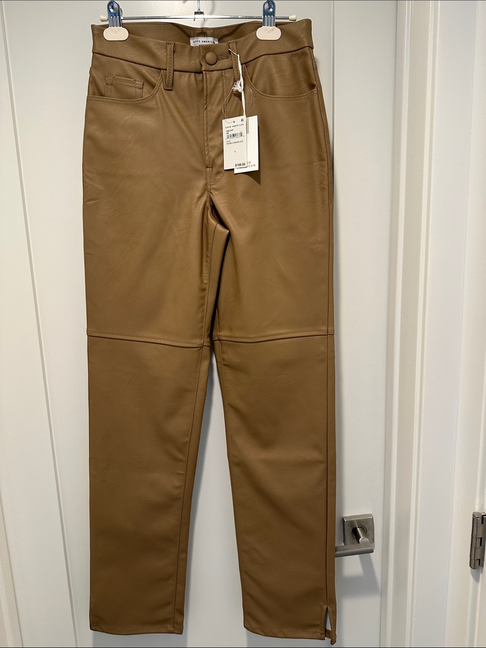 New with tags Good American faux leather pant size 4. Warm caramel color